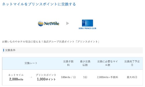 ネットマイルからプリンスポイントへ交換