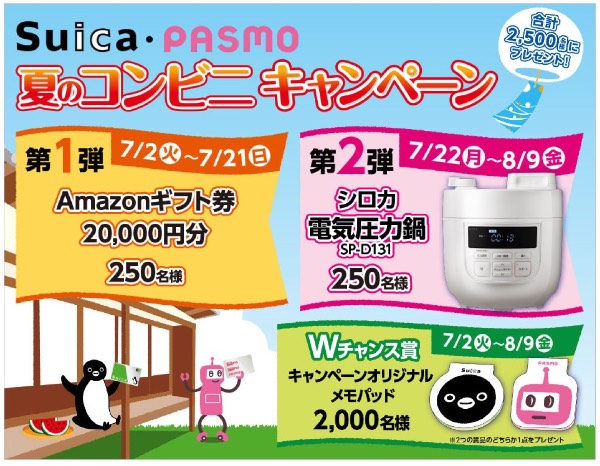 Amazonギフト券２万円分や電気圧力鍋をプレゼント！JR東日本がSuica・PASMO夏のコンビニキャンペーン実施中