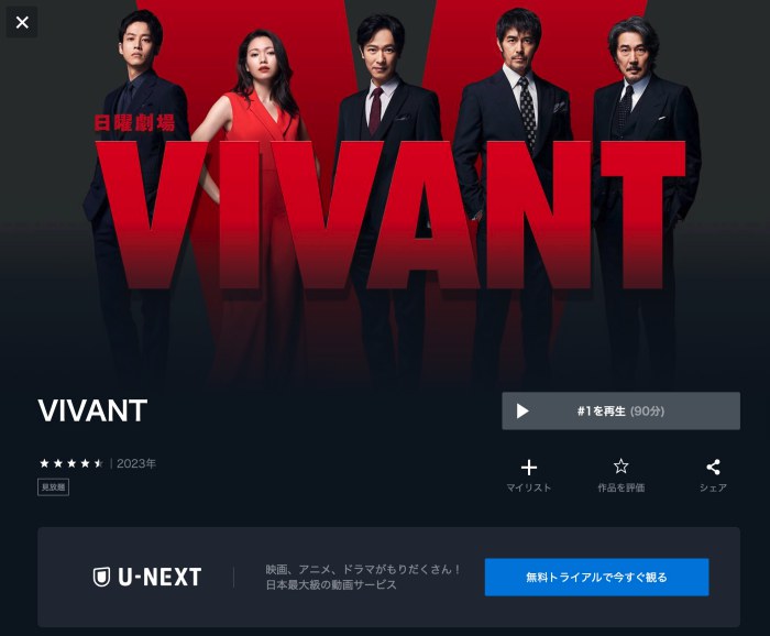 U-NEXTのVIVANT全話無料配信